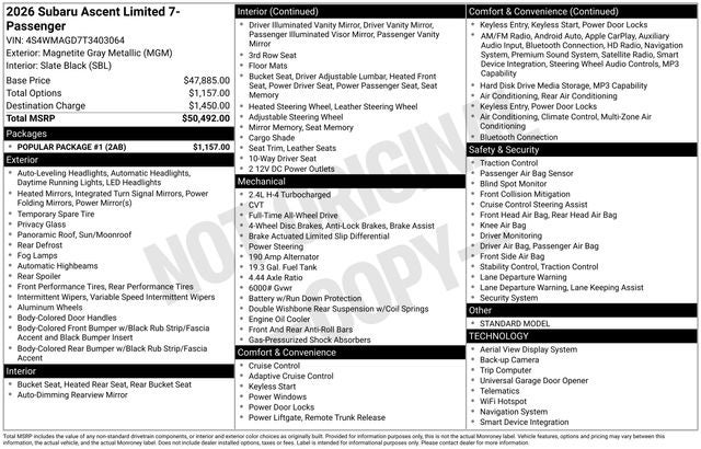2026 Subaru ASCENT Limited 7-Passenger