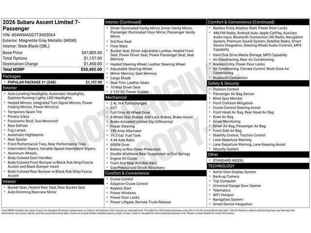 2026 Subaru ASCENT Limited 7-Passenger