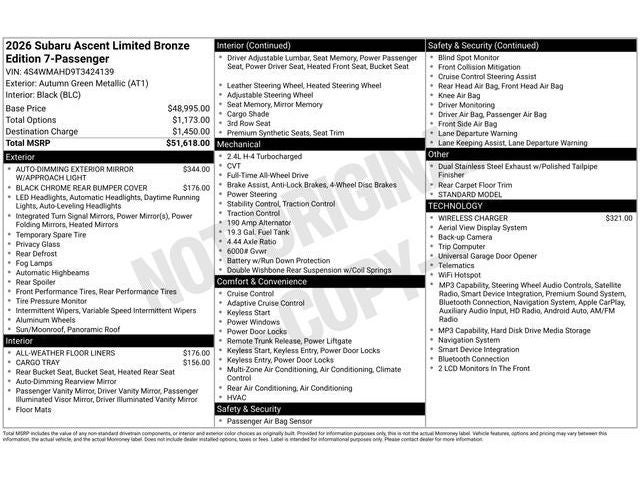 2026 Subaru ASCENT Limited Bronze Edition 7-Passenger