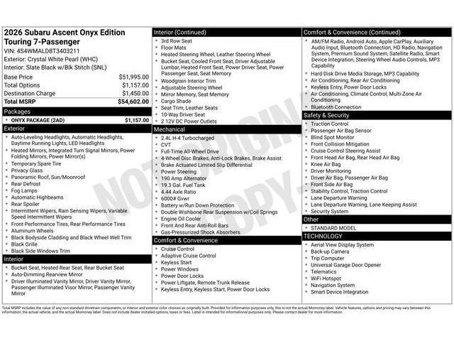 2026 Subaru ASCENT Onyx Edition Touring 7-Passenger