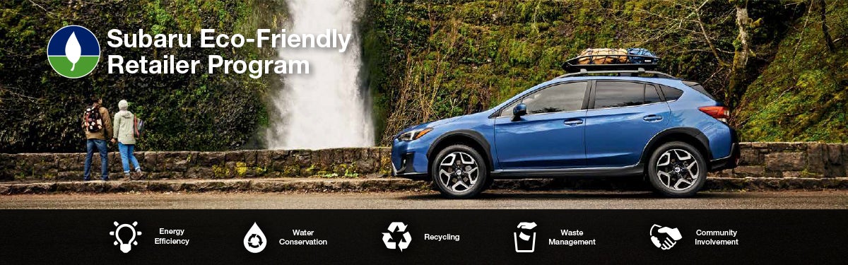 The Subaru Eco-Friendly Retailer Program logo with a blue Subaru and eco icons at bottom. | Subaru of Utica in Yorkville NY