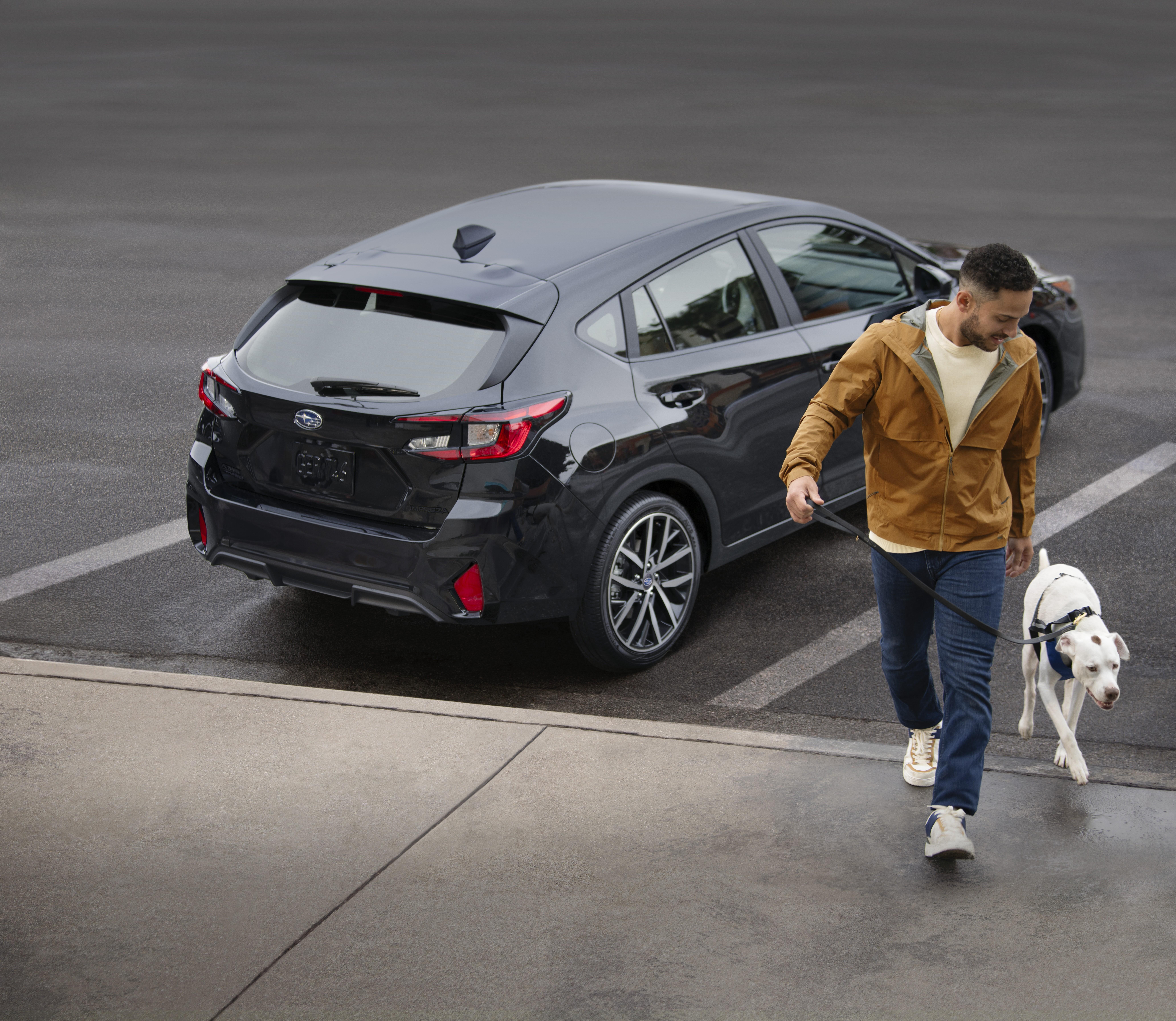 A man is walking his dog away from a black Subaru Impreza parked in a parking space